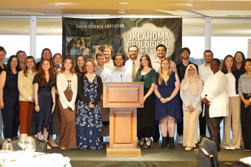Students, educators, and scholarship recipients recognized at an Oklahoma Geological Foundation event celebrating Earth science education and geoscience achievement.